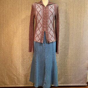 Brown & Blue Double Zipper Knited Sweater, Snowflake from Buckle, Size Medium